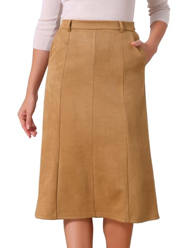 Seta T Women's Faux Suede Skirts Elastic High Waist Fall Winter A-Line Midi Skirt with Pockets