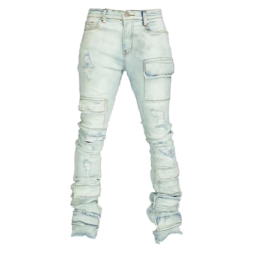Skinny Jeans for Men Stacked Fit Ripped Design Stretch Denim Streetwear Casual Hip Hop Pants Slim Style