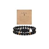 crataly Libra Zodiac Bracelets for Women Men-Black Obsidian Beaded Stacking Bracelet 12 Zodiac Signs Libra Gifts for Birthday Valentines Day Mother's Day Christmas 2Pcs