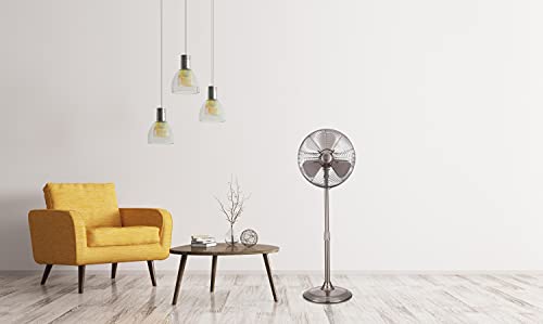 Hunter 90438z Adjustable 3 Speed Retro Pedestal Stand Floor Fan, 80 Degree Oscillation, 16”, Brushed Nickel Finish