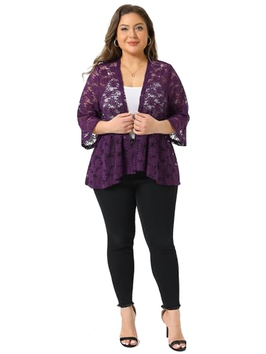 Image of Agnes Orinda Women Plus Size Open Front Lace Cardigans | 3 /4 Bell Sleeve Sheer Formal Bolero Shrugs Lightweight Floral Crochet Cover Up