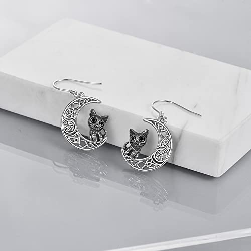 Poplyke Cat On Moon Dangle Drop Earrings Cat Earrings For Women Sterling Silver Black Cat Gifts For Cat Lover #TOP3