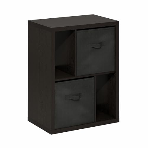 Image of Furinno Viola 2-Tier Storage Shelf, Printer Stand, Dark Oak | 2 Drawer Bins, 1.2-inch Extra Thick Frame Bookshelf, Reversible Display Rack, for Organization, Living Room, Home Office