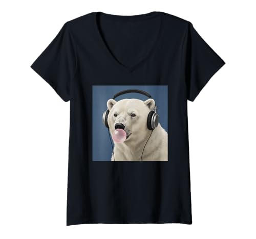 Mujer Funny Polar Bear Music Lover Bubblegum Zoo Niños Niñas Niños Camiseta Cuello V