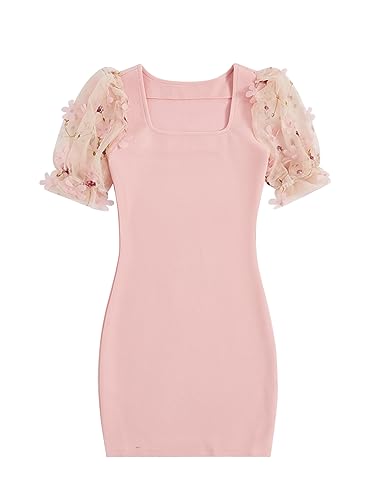 WDIRARA Girl's Contrast Polka Dots Mesh Puff Sleeve Round Neck Bodycon Casual Dress