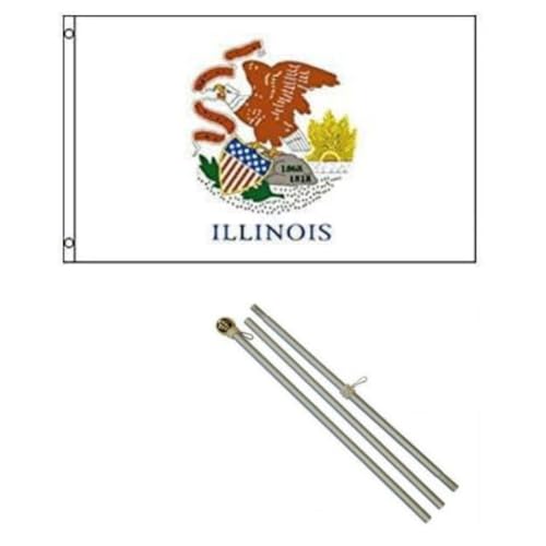 Moon Knives 2x3 State of Illinois Flag Aluminum Pole Kit Gold Ball Top - Party Decorations Supplies For Parades - Prime Outside, Garden, Men Cave Decor Flag
