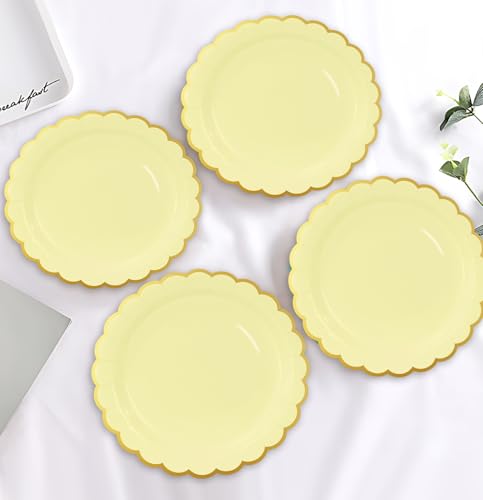 Image of HEIPINIUYE 50 Pieces Yellow Paper Plates with Gold Foil 9 Inch Disposable Yellow Scalloped Dinner Plates for Wedding Baby Shower Birthday Party