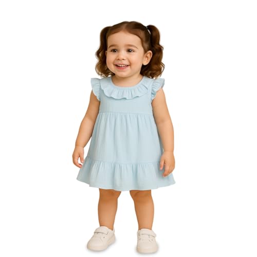 Image of Kidbea Baby Girls' Cotton Dress | Comfortable, Trendy Ruffled Sleeves & Hem, Soft Breathable Fabric for Everyday & Special Occasions