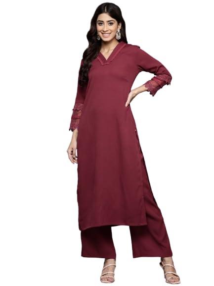 Varanga Women Maroon V Neck Three Quarter Sleeves Cotton Lace Straight Kurta With Tonal Bottom - Casual Ethnic Suit Set For Women (Small)