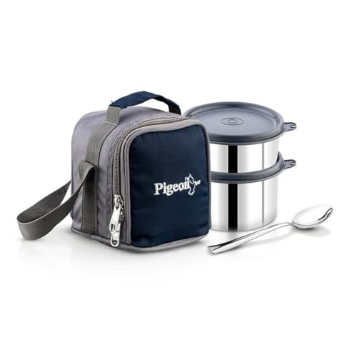 Image of Pigeon Vibe Stainless Steel Lunch Carrier Set of 2 Containers (350ml & 500ml) with Leak Proof Lid | Insulated Lunch Bag Included | Office & School Tiffin Box for Travel