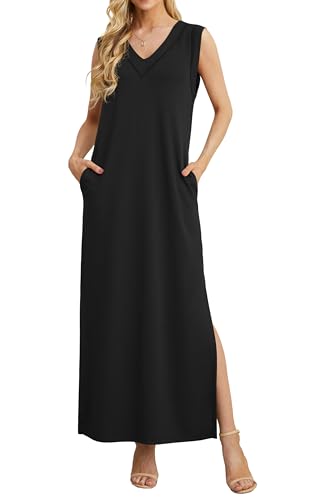 GRECERELLE Womens Dresses Summer Maxi Long Dress with Pockets V Neck Casual Dress for Women Elegant Ladies Holiday Sleeveless Split Hem (Black, M)