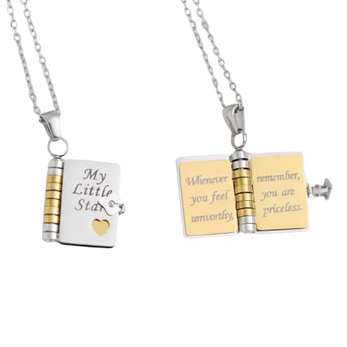 Image of Personalized Story Book Pendant Necklace, Stainless Steel Customizable Locket with Chain, Heart Charm Design, 18.5mm BookPendant, 45cm Chain Length, Gift for Women and Girls