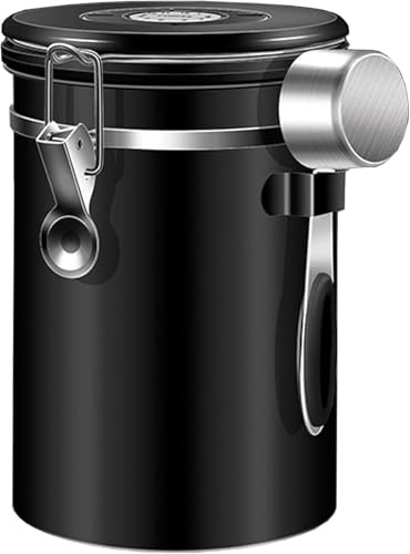Skywinkスプーン付きコーヒー豆保存瓶 食品密封保存瓶 キッチン用品 茶瓶 キャンディ 砂糖 スパイス 耐湿性保存瓶 大容量 密封コーヒー豆缶 ステンレス保存缶 お茶缶 ドライフルーツ保存缶 (ブラック,1500ml)