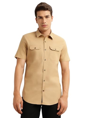 Image of Thomas Scott Men's | Solid | Half Sleeve | Slim Fit | Linen Blend | Double Flap Pocket | Spread Collar | Casual Shirt for Men