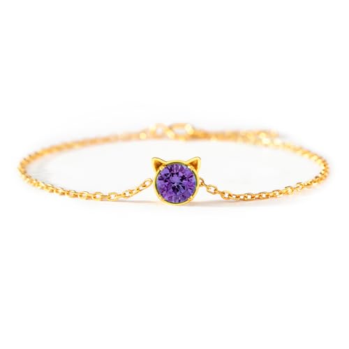 STORYJEWELLERY Sterling Silver Cat Bracelets for Women, 18K Gold Plated February Birthstone Bracelets for Women, Dainty Cute Charm Bracelet, Graduation and Birthday Gifts for Her