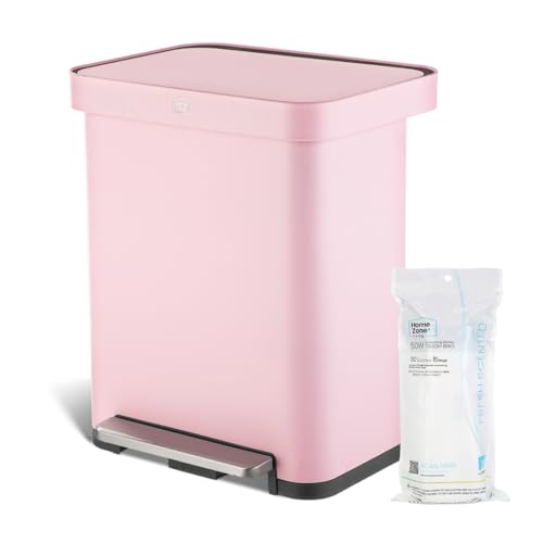 Home Zone Living 13 Gallon Stainless Steel Kitchen Trash Can with Slow Closing Lid and Wide Opening, Virtuoso Collection, Pink