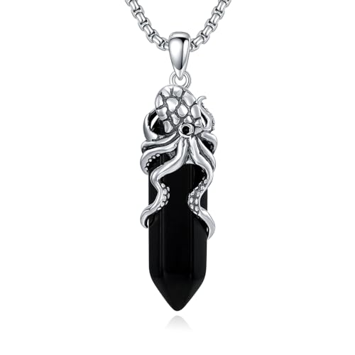 Octopus Necklace with Black Obsidian 925 Sterling Silver Octopus Pendant Jewelry for Men, w/Stainless Steel Chain 22''+2''