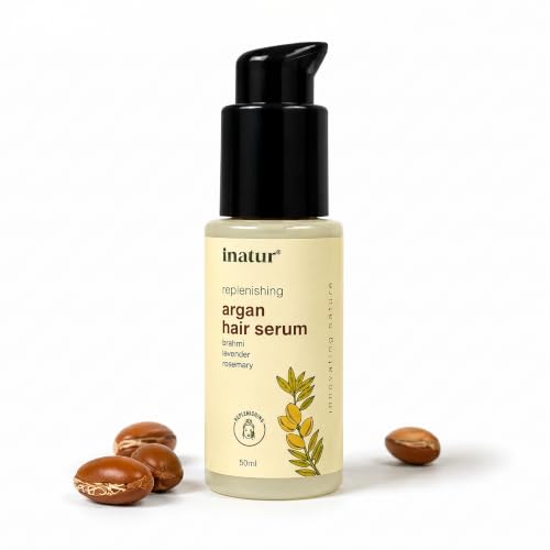 Image of inatur Argan Oil Hair Serum | Frizz Control & Deep Nourishment | Smoothens, Strengthens & Adds Shine | Lightweight, Non-Greasy Formula for Soft, Silky & Tangle-Free Hair | All Hair Types | 50ml