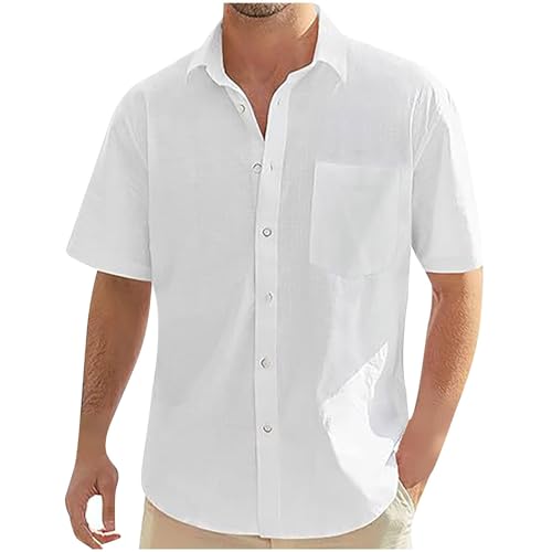 Camisas de verano para hombre, camisas de lino de algodón liso con botones, manga corta, para vacaciones, playa, ajuste regular, camisas casuales de color sólido, transpirables, con bolsillo, blanco,