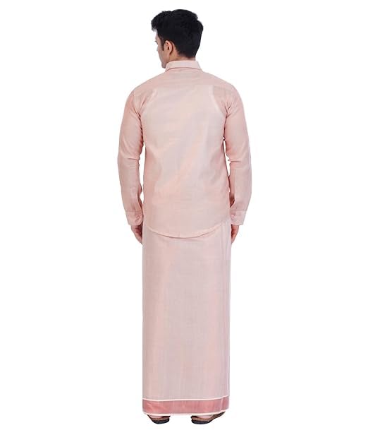 Image of Men's Traditional Indian Shirt and Dhoti Set, Full Sleeves Tissue Silk Cotton Shirt With Dhoti 2 metres for men