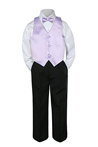 4pc Formal Baby Teen Boy Lilac Vest Bow Tie Set Black Pants Suits S-7 (6)