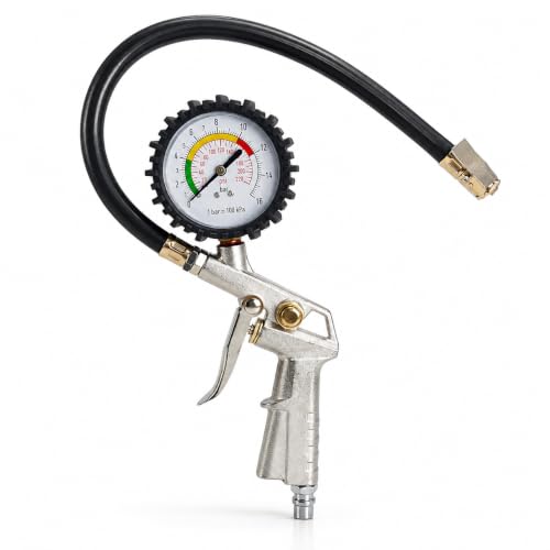Image of Tyre Inflator with Pressure Gauge, Flexible Air Hose & Clip-On Chuck, Tyre Air Filler Gun for Car, Bike, Motorcycle, SUV & Other Vehicles