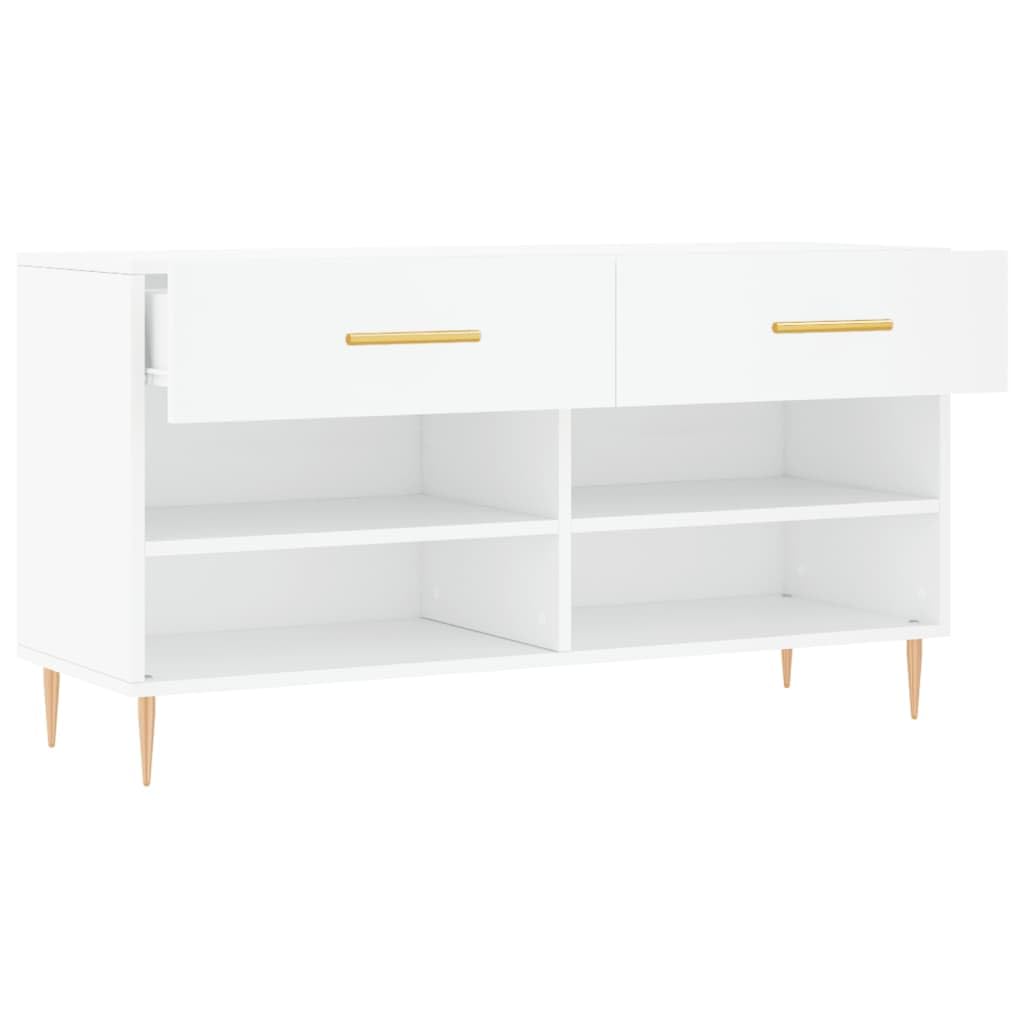 Banc a Chaussures Blanc Bois Composite 102x35x55 cm 2 Tiroirs 4 Etageres