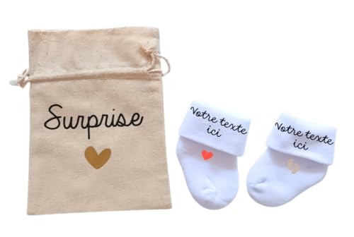 Chaussettes personnalisables d'annonce de grossesse et de naissance de bébé surprise pour la famille, papa, mamie, papi, tonton, tata, pour évenements (blanc cassé, chaussettes + pochon)