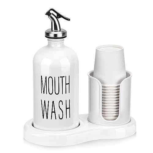 BYAWAY Dispenser per collutorio da bagno, dispenser per collutorio con portabicchieri, 14 tazze per collutorio e imbuto, contenitore per collutorio in vetro ricaricabile (bianco)