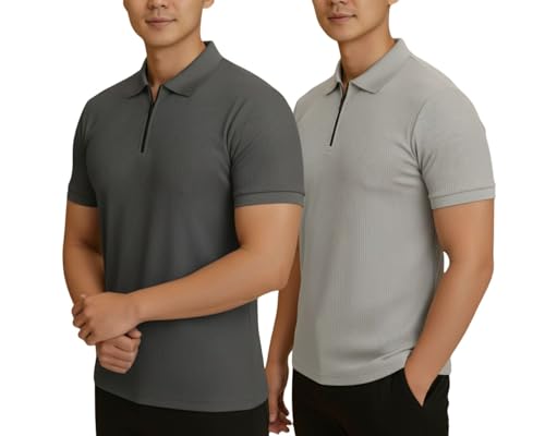 Image of MACK JONNEY Men's Cotton Self Design Polo T-Shirts | Front Half Zipper | Pack of 2 | Multicolour