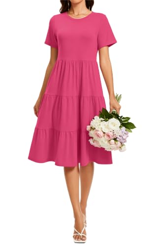 Image of Womens Summer Short Sleeve Crew Neck Midi Dress 2026 Casual Fit Flowy Tiered Beach Vacation Sundress with Pockets