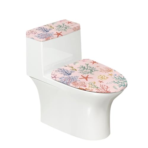 Tapa Inodoro Cubierta Verde Coral Naranja Poliéster Lavable Tapa de Tanque de Inodoro Suave y Elástica Fácil de Instalar Antideslizante Protectora Funda Antipolvo (6 piezas)