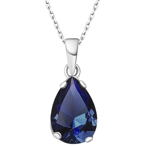 ADITA GOLD 925 Sterling Silver Sapphire Necklace - Teardrop Necklace - September Birthstone Necklace for Women Silver - Pear Sapphire Pendant - Silver Jewelry for Women - Minimalist Chain Necklace