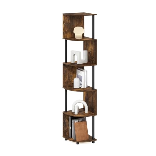 Image of Furinno ECON Corner Shelf, 5-Tier Corner Book Shelf, Zigzag Storage Shelves, Display Rack, Bookshelf, for Organization and Storage, Living Room, Home Office, Amber Pine