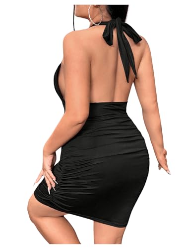 Floerns Women's Plus Size Plunging Neck Halter Solid Backless Bodycon Mini Dress2