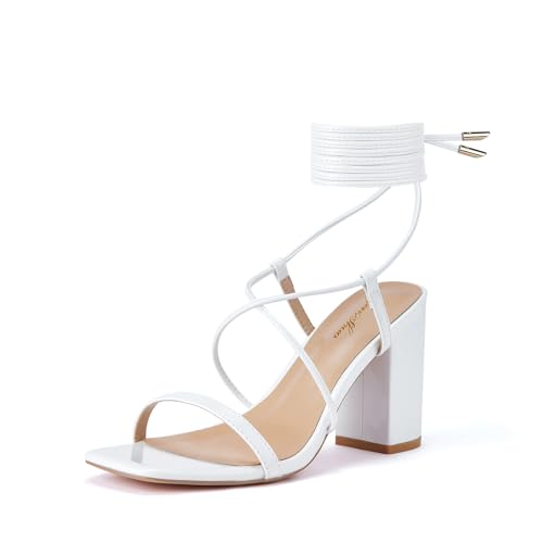 GENSHUO Square Toe Sandals Women Lace up Chunky High Heels Strappy Sandals Block Heeled Ankle Wrap Homecoming Wedding Dress Shoes White Size 8
