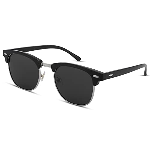 Pro Acme Classic Semi Rimless Polarized Sunglasses with Metal Rivets (Black/Silver Rimmed)
