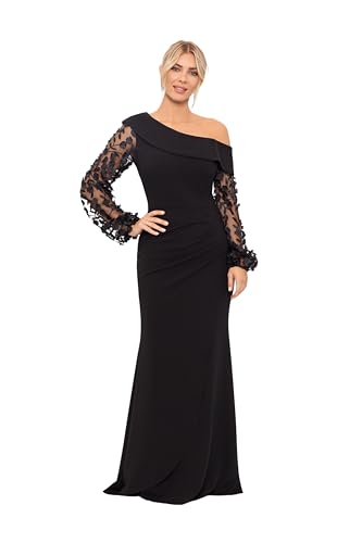 Xscape Women's Long Flower Ilusion Sleeve Off-The-Shoulder Scuba Crepe Gown, Black, 4