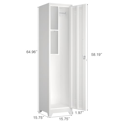 Image of Metal Slim Cabinet, Tall Bathroom Cupboard, White Storage Cabinet with Shelves, 65 inch H Storage Caninet for Laundry, Office, Kitchen Pantry, Anti-Tipping