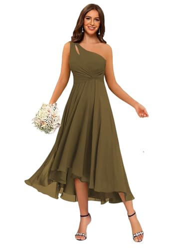 Aoruisen One Shoulder Bridesmaid Dresses for Women Chiffon Tea Length Pleated Formal Midi Dress