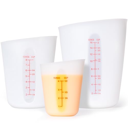 Rainspire Upgraded 3 Piece Silicone Measuring Cup Sets Squeeze & Pour Liquid Measuring Cups Flexible Chocolate Melting Cup Baking Supplies Chef Gifts
