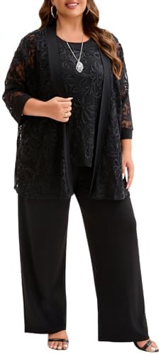 Plus Size 3 Piece Floral Embroidered Pantsuit Set Women Mother of...
