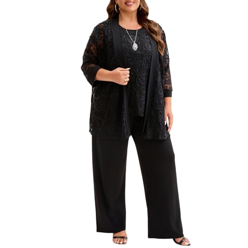 Plus Size 3 Piece Floral Embroidered Pantsuit Set Women Mother of Bride Wedding Guest Formal Evening Cocktail Party Attire