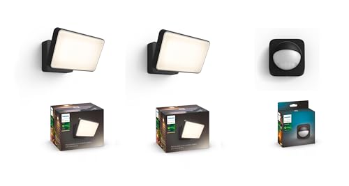 Philips Hue Outdoor Bundle – Bewegungssensor + 2x Welcome Flutlicht Weiß 15W – Smarte Außenbeleuchtung