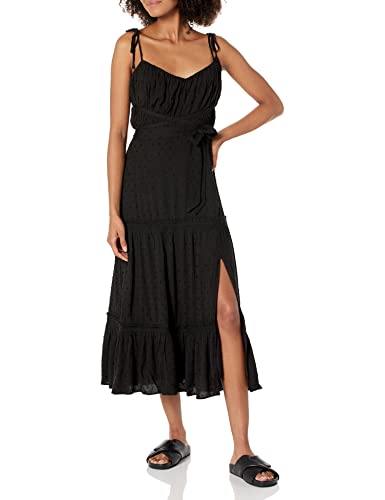 Image of PAIGE Women's Inesa Midi Dress Criss Cross Detail Tie Straps Thigh High Side Slit in Black