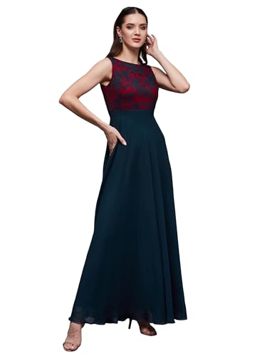 Image of Miss Chase Women's Brick Red & Dusty Green Boat Neck Sleeveless Self Design Lace Overlaid Regular Dress