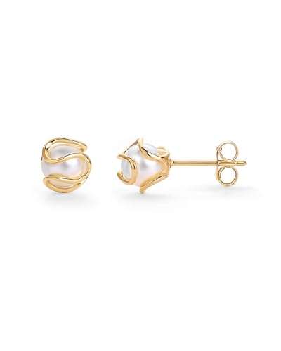 PAVOI 14K Gold Plated Round Caged Small Pearl Stud Earrings - Trendy Gold Pearl Earrings for Women - Hypoallergenic Classic Bride Jewelry
