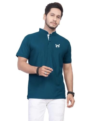 Image of BAGHADBILLO Men's and Boy's Polyster T-Shirt with Mandarin Collared Neck Half Sleeves Closuer Button and Regular Fit | Polo t Shirt for Man