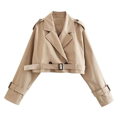 Perbai Womens Cropped Trench Coat Lightweight Lapel Double Breasted Belted Office Work Peacoat(Beige-L) Cover