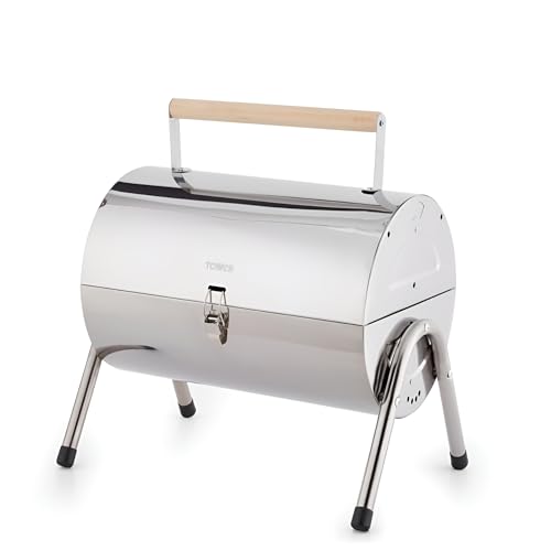 Tower Portable Barrel Grill with Wooden Carry Handle Compact Design Safety Locking Mechanism Stainless Steel T978574